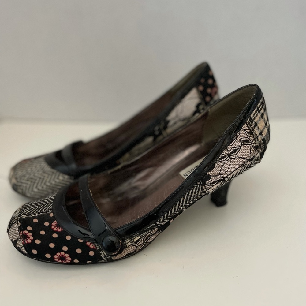 Steve Madden Black/Multicolor Patchwork Fabric Mary Jane Pump, 7.5, GUC.